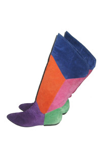 Vintage Bootalinos Multicolor Low Heels Slanted Hi Lo Thigh High Grunge Hippie Boho Suede Leather Boots 