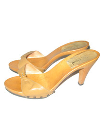 Vintage Made In Italy Beige Leather Studs Knotted High Heel Clogs Disco Sandals itten Heels Leather Sandals Shoes