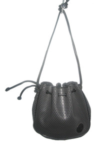 Vintage Liz Claiborne Accessories Grey Black Signature  Drawstring Pouch Leather Trim Handbag