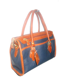 Vintage Liz Claiborne Accessories Genuine Leather Blue Cognac Pebbled Leather Zipper Compartment Double Handle  Handbag