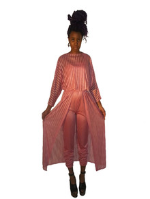 Vintage 2pc Pink Grecian Disco Strappy Jumpsuit w/ See Thru Sheer Dolman Sleeve Vertical Stripe Multifunctional Cover-up Dress
