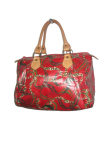 Vintage Gloria Rae Red Multi-color Leather Trim Duffle Handbag