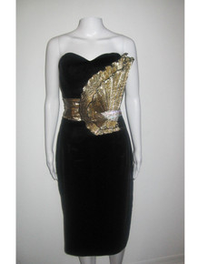 Vintage Black Strapless Gold Lame Pleated Origami Velvet Dress 