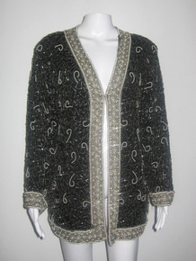 Vintage Laurence Kazar New York Black White Silver Pearl Beads Embellished Slouchy Trophy Jacket 