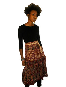 Vintage Burgundy Biege Paisley Print Ethnic Wrap Tie Waist Hippie Boho Cotton Skirt