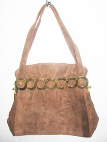 Vintage Brown Suede Gold Metal Hardware Circle  Panel Gathered Ruffle Double Handle Handbag 