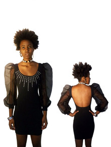 Vintage Black See Thru Sheer Organza Puff Sleeve Cut Out Back Pearl Embellished Short Bodycon Mini Dress