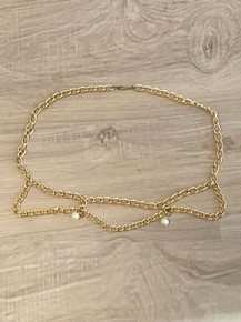 Vintage Gold Chain Strands Pearl Beads Accent Metal Dangling Belt