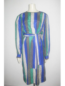 Vintage Robert Janan Designed By Eva Multicolor Vertical Stripe Mixed Polka Dot Print Dress w/ Sash Belt