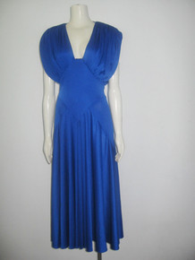 Vintage Blue Shirred Multi Gored Cutout Tie Back Flared Disco Dress