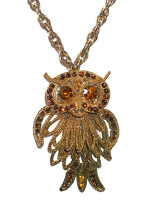 Vintage Goldtone Amber Rhinestone Layered Owl Pendant w/ Links Chain Necklace
