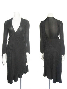 Vintage Stunning Black Assymetrical Plunging V-Neck Surplice Overlay Fringe Trim Disco Mod Hostess Tie Waist Jersey Stretch Knit Wrap Dress