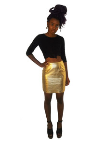 Metallic Gold Fitted Short Mini Leather Vintage Pencil Skirt