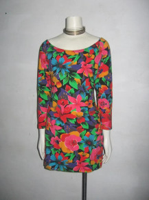 Vintage Tapemeasure Vibrant Multicolor Floral Print Knit Dress Bodycon Grunge Goth Short Dress