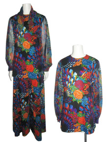 Vintage Arkin 3pc Ensemble Multi-Color Floral Print Multifunctional Tunic Short Mini Dress w/ Wide Leg Palazzo Pants & Scarf