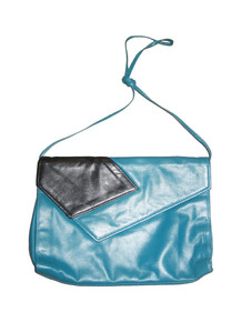 Vintage Teal & Black Color Block Leather Shoulder Strap Envelope Clutch Rectangular Disco Handbag
