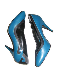 Vintage Fanfares Teal & Black Color Block High Heel Leather Classic Pumps Shoes