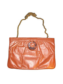 Vintage Authentic Morris Moskowitz Brown Leather Plastic O-Ring Gold Chain Strap Handbag