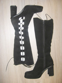 Vintage Sbicca Black Suede Leather Caged Laced Zipper Mod Gladiator Go Go Style Grunge Goth Boho High Heels Boots