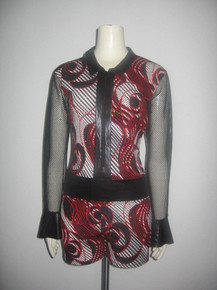 Vintage Leo's Dancewear Made USA Black Red White Print Sequins Dots Embellished Collar Zip Front Mesh Bell Sleeve Romper Short Jumpsuit Bodysuit