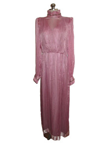 Vintage Custom Modes New York Rose Pink Metallic Gold Vertical Stripe See Thru Sheer Ruffled Beaded Blouson Bodice Satin Border Long Silk Dress