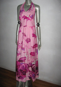 Vintage Deena Styled By California Pink Multicolor Floral Print Halter ie Neck Empire Waist Psychedelic Hawaiian Hippie Boho Long Dress Med
