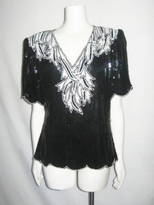 VTG Stenay Black White Pearl Beads Sequins Embellished Silk Vneck Scallop Edge Short Sleeve Shoulder Pads Slouchy Tunic Blouse Top Size XL