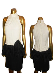 Vintage Huey Waltzer Darcy Off White Black Stand Up Collar Shirred Neckline Sleeveless Halter Style Pouffy Peplum Overlay Dress Big Rosette