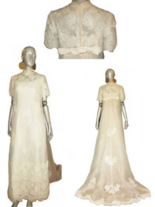 Vintage Rare Jackie O Style White Short Sleeve Lace Beaded Overlay See Thru Sheer Long Fishtail Gown Wedding Dress w/ Bow Detail