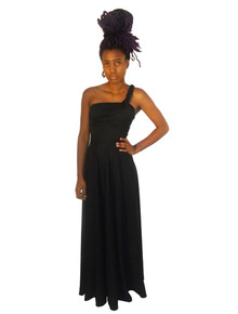 Vintage Black One Shoulder Woven Braided Shirred Strap Asymetrical Mod Grecian Disco Flared Long Dress