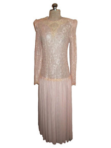 Vintage Ricky Lang For Nuit SeeThru Floral Lace Shimmer Long Sleeve Shoulder Pad Scallop Trim Gather Chiffon Sheer Skirt Drop Waist Boho Festival Dress
