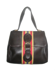 Vintage Stunning Rare Large Brown Gold Yellow Red Blue Striped Flap Buckled Closure Leather Handbag Size 11" high x 13 1/2" long x 5" wide