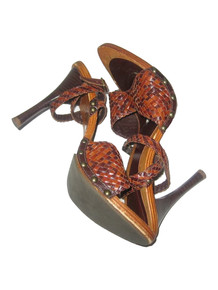 Vintage Wild Pair Caddy Brown Multi Tonal Woven Braided Leather High Kitten Stiletto Heel Peep Toe Buckle Strappy Boho Sandals Shoes