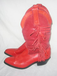 Vintage Wrangler Made USA Red Solid Texture Leather Western Fringe Hippie Boho Western Cowboy Cowgirl Motorcycle Biker Boho Pull On Boots
