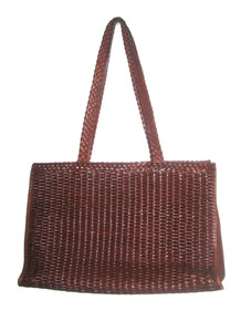 Vintage Cen Hippie Boho Brown Large Woven Zippered Compartment Leather Tote Handbag