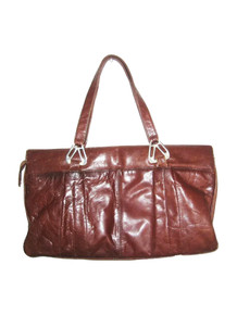 Vintage Made In Uruguay Brown Gold Metal Zipper Closure Double Handle Compartment Hippie Boho Mod Disco Genuine Leather Semi Distressed Handbag