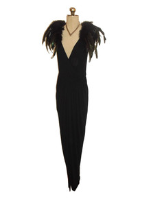 Vintage Black Plunging V-Neck Surplice Petal Curved Hemline Long Disco Gatsby American Hustle Dress