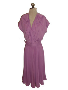 Vintage Themes Lavender Plunging Neck Ruffle Pleated Secretary Disco Short Dress w/ Belt