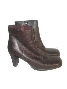 Vintage Vis A Vie Brown Leather Hard Chunky Platform High Heel Square Toe Above Ankle Boots