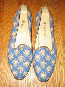 Vintage Appleseed's Genuine Leather Handmade Beige Blue Multi-color Color Leaf Print Fabric Loafer Flat Heel Shoes Size 7 M