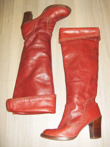 Vintage Zodiac Cognac Leather  Whip Stitch Hippie Boho GoGo Platform High Heel Cuffed Knee Pull On Boots