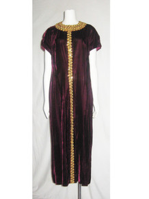 Vintage Burgundy Gold Ribbon Sequins Trim Hippie Boho Victorian Prairie Hostess Caftan Long Dress