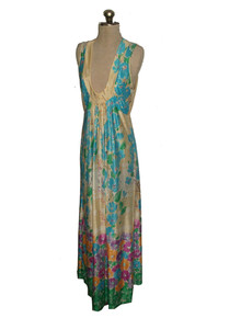Vintage Multicolor Sheer Floral Border Print Sleeveless Empire Waist Long Mod Dress