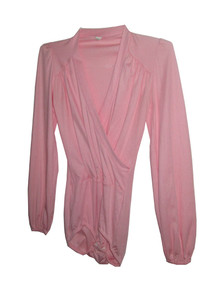 Vintage Danskin Pink Plunging Neck Surplice Puff Sleeve Shirred Bombshell Multifunctional Leotard Bodysuit Top