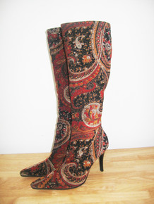 Vintage Diba Burnout Velvet Multi-color Paisley Print Shimmer Square Toe High Stiletto Heel Side Zipper Knee High Fashion Boots