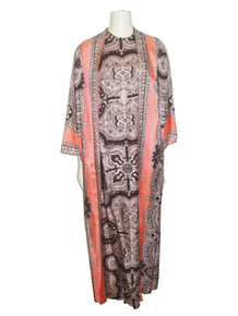 Vintage Georgie Keyloun Rare Ethnic Peach Multicolor Floral Paisley Psychedelic Print Wide Sleeve Two-fer Wrap Kimono Long Caftan Gown Dress