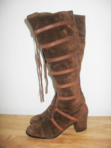 Vintage Bootalinos Made In Yugoslavia Brown Suede Leather Lace Tie  Mod Hippie Boho Tall Boots