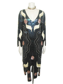 Vintage Made In India Pure Silk Black Multicolor Sequins Beads Scallop Flapper Gatsby Cocktail Dress