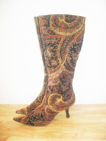 Vintage Diba Velvet Multi-color Paisley Print Gold Shimmer Square Toe High Kitten Heel Side Zipper Calf High Fashion Boots