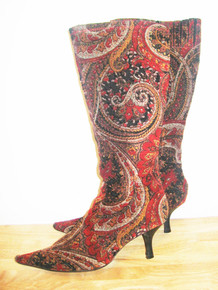 Vintage Diba Babs Velvet Red Multi-color Paisley Print Gold Shimmer Square Toe High Kitten Heel Side Zipper Calf Fashion Tapestry Boots 8.5